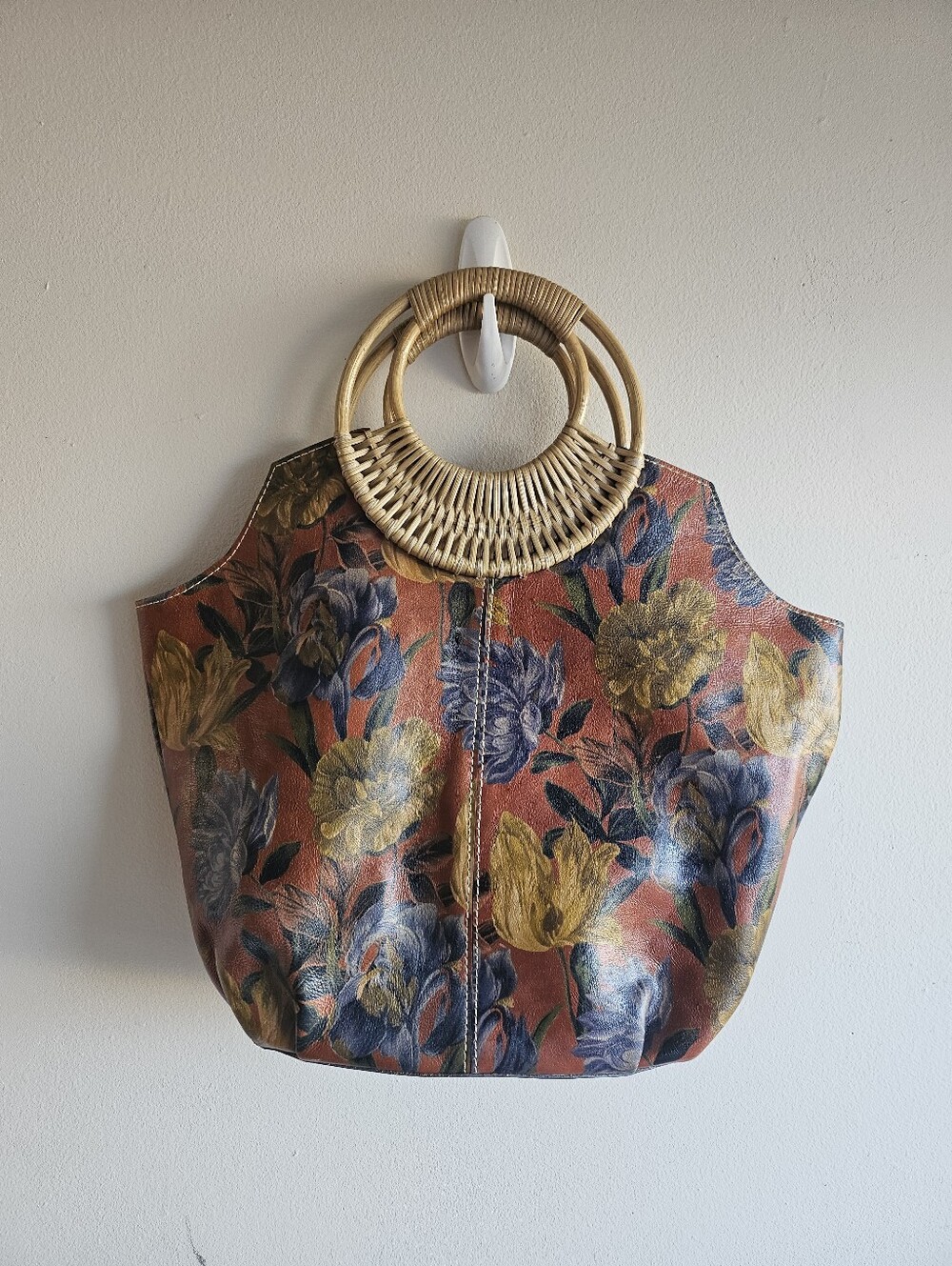 Patricia Nash Floral Print Leather Tote Bag Woven Circle Handles